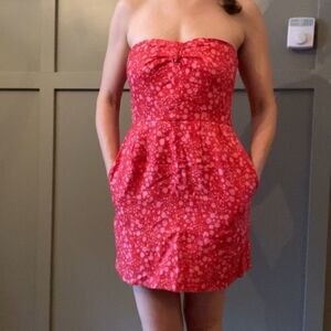 J. Crew 100% Linen Printed Strapless Dress Red & Pink Size 2